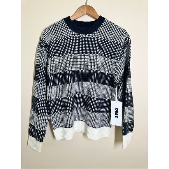 OBEY Men’s Blue Knit Pullover Crewneck Sweater Size Small New - Picture 2 of 5